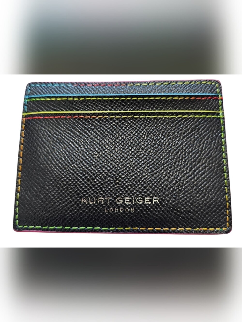 Kurt Geiger Black Leather Card Holder with Rainbow Stitching, New
